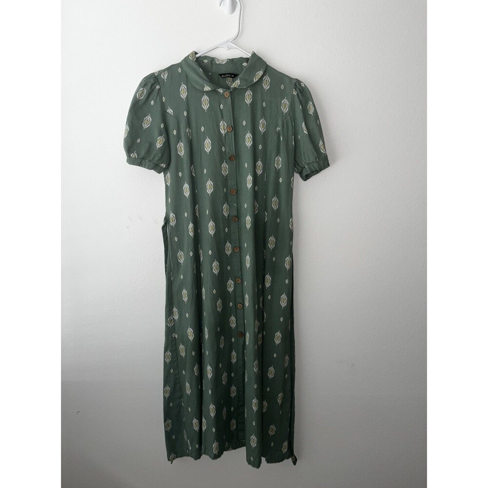 Women Green Floral Collared Button Front Puff Short Sleeve Midi A-Line Dress XS